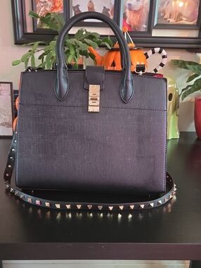 Classic Black Structured Satchel with Studded Crossbody Strap